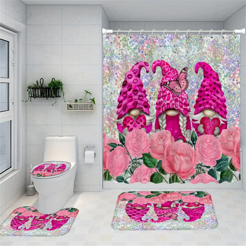 4pcs Pink Gnomes Shower Curtain Set, Pink Floral Waterproof Shower Curtain With 12 Hooks, Non-Slip Bathroom Rug, Toilet U-Shap
