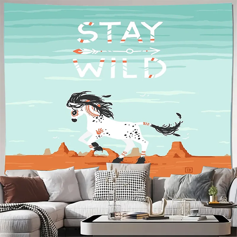

Native American Horse Tapestry Wall Hanging Southwestern Desert Decor Boho Home Textile Tribal Art Cowgirl Room Decor Unique Gif