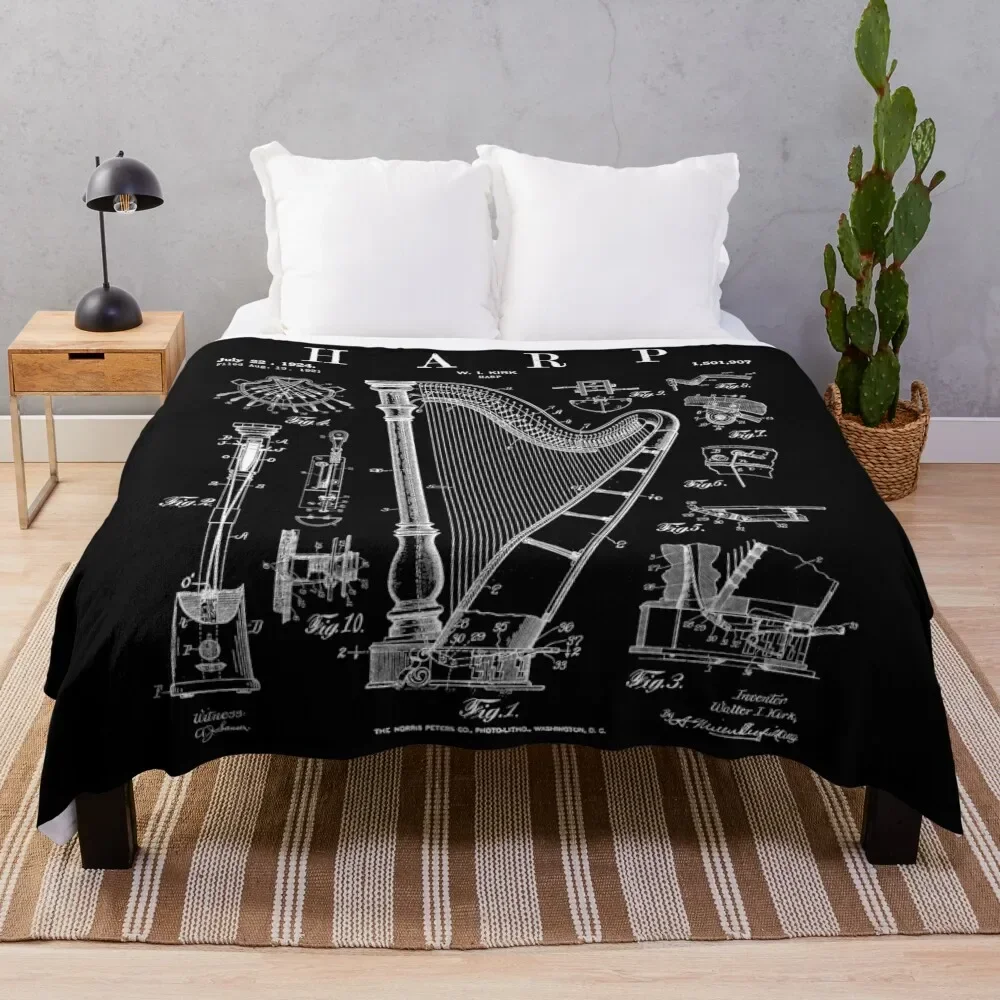 Harp Vintage Patent Harpist Drawing Print Throw Blanket Sofa Throw Blankets For Baby Blankets