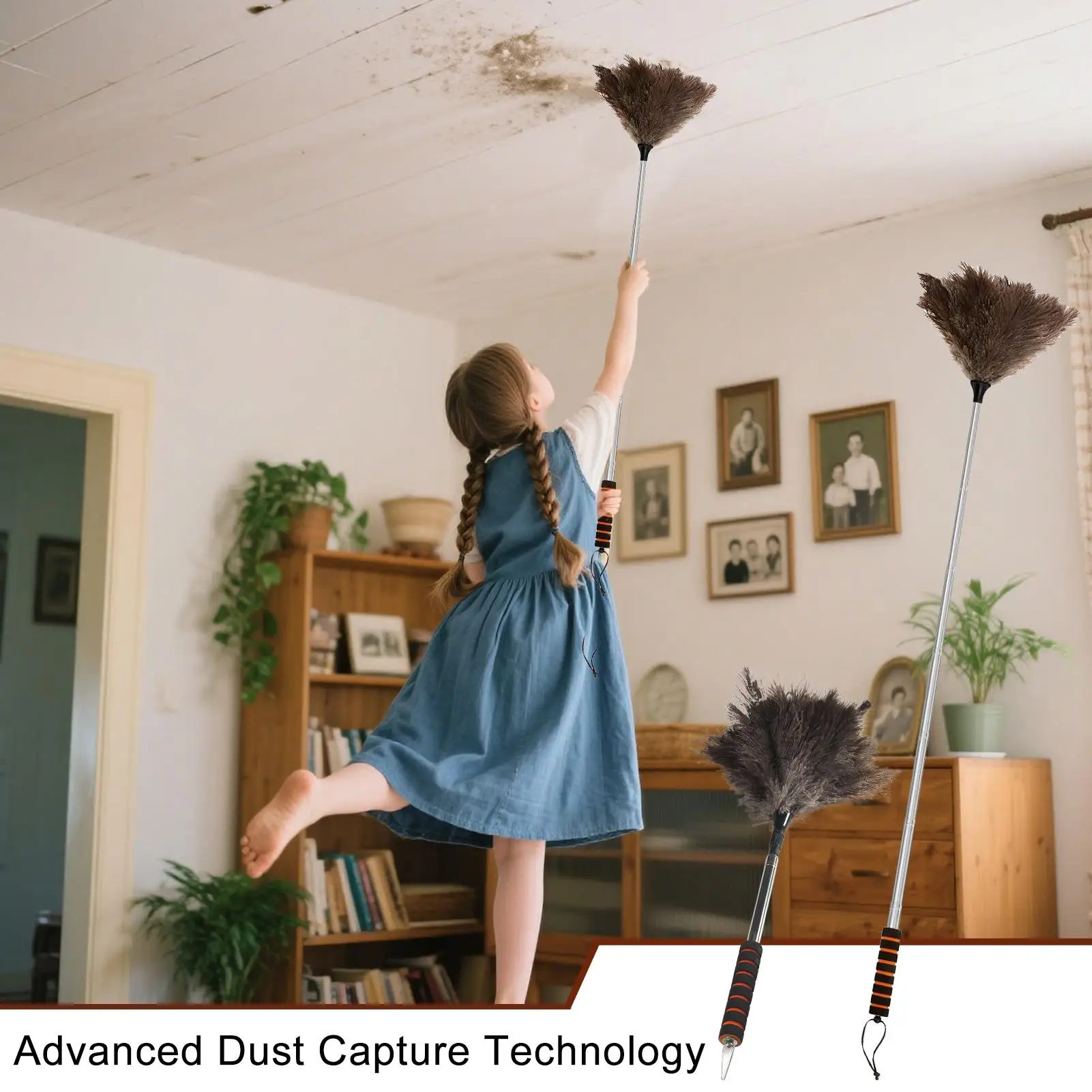 Duster Extendable 61 Inch Soft Dusting Mop Long Anti-Static Feathers Duster For Ceiling Window Vent Baseboard Pet Hair Removal