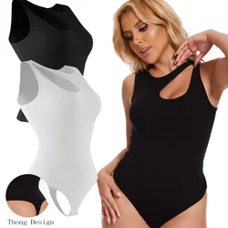 Women Cut-Out Bodysuit Irregular Sleeveless Tank Top Ribbed Slimming Thong Shapewear Tummy Control Body Shaper Corset