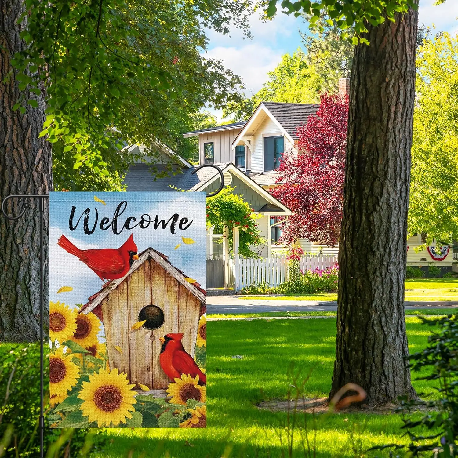 Heyfibro Summer Welcome Cardinal Birdhouse Garden Flag 12x18 Double Sided Burlap, Spring Fall Sunflower Yard Banner for Rust AAS