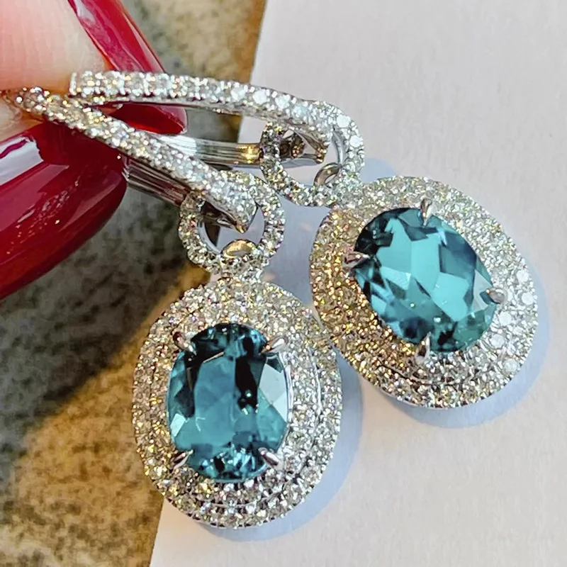 European and American Princess Blue Zircon Earrings for Girls, Dynamic Micro Inlaid Sparkling High-end Dress Accessories