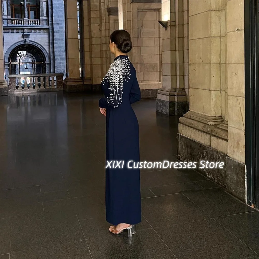 Customized Dubai Luxury فساتين سهرة Scoop Neckline Ankle-Length Beadings Formal Occasion Dresses Zipper Up Long Sleeves Prom Dre