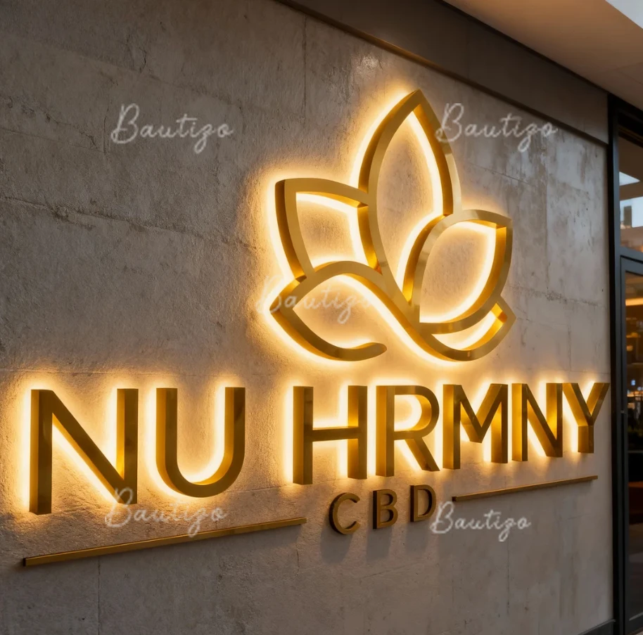 3D Metal Signs Business Backlit Custom LED Logo Sign: Gold Mirror With Raised Advertising Design Signboard Neon Bar Barber Shop