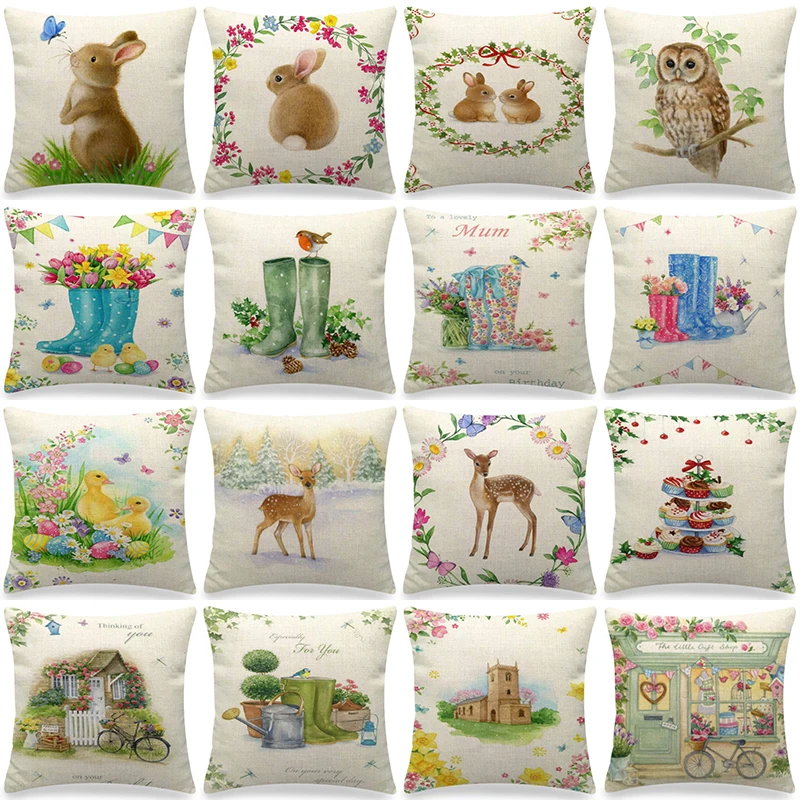 Spring Easter Decorations Cushion Cover 18x18in Pillowcase Bunny Flowers Printed Cushion Case Home Decor Pillow Cover for Couch