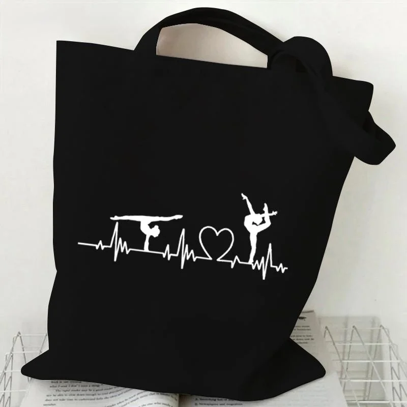 Minimalist Heartbeat Canvas Bag Tote Bag Shoulder Handbag Gymnast Dancer Gift Reusable Grocery Handbag for Daily Use Black