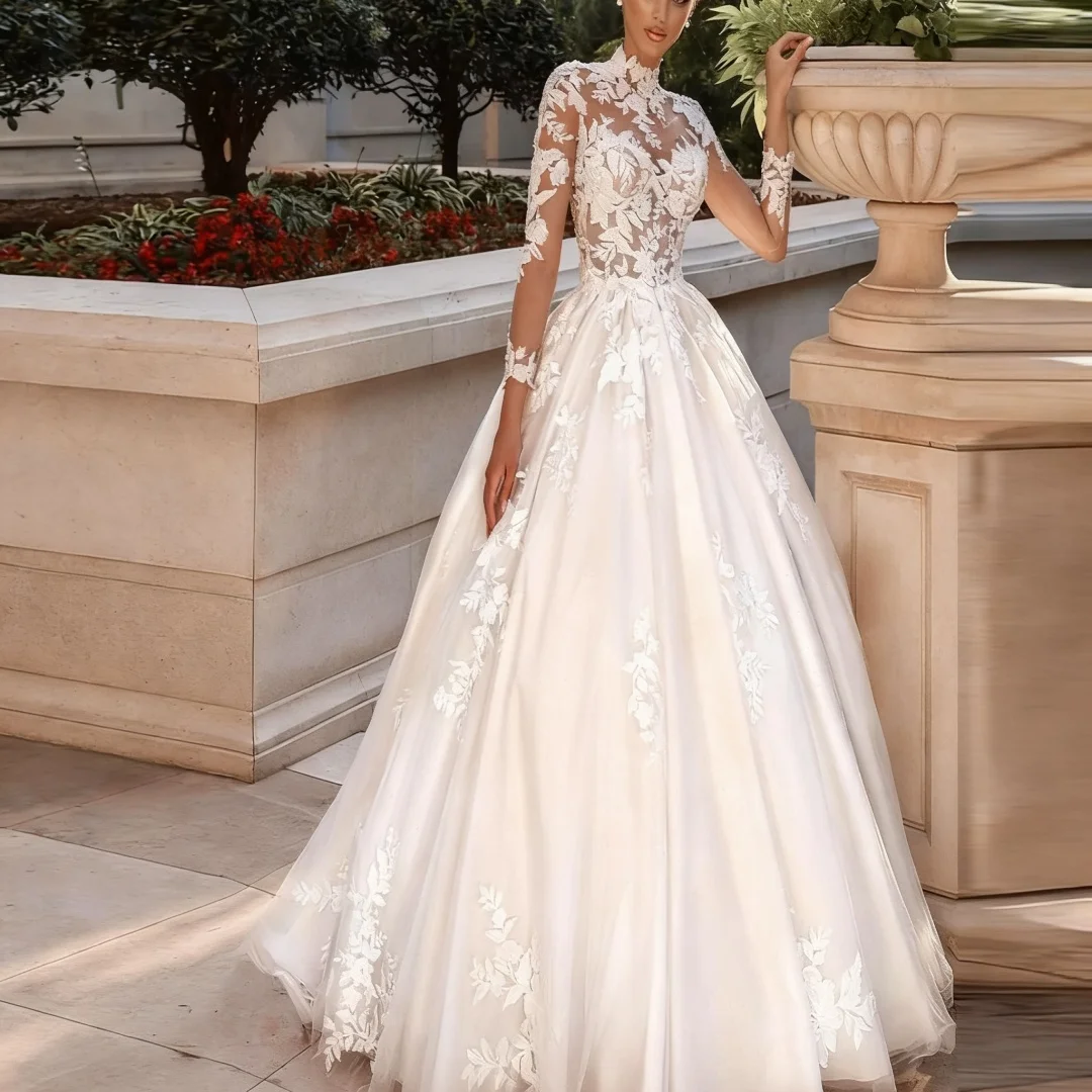 

Свадебные платья с высоким воротом по индивидуальному заказу для женщин, свадебные платья с длинными рукавами и пуговицами, трапециевидные аппликации, вечерние платья для выпускного вечера невесты