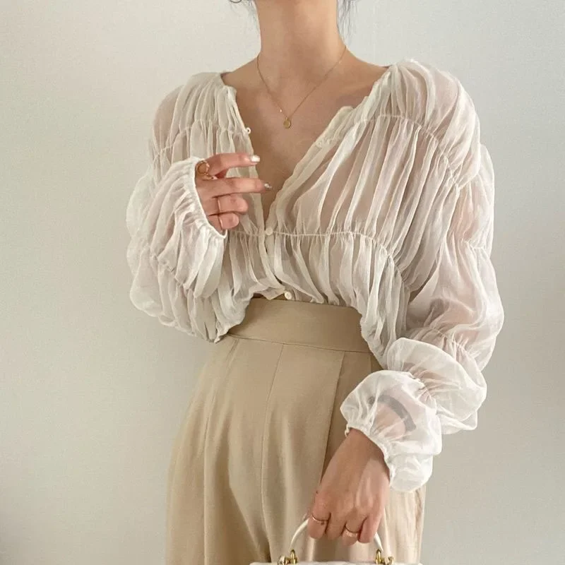 New Korean Fashion Loose Folds Perspective Chiffon Shirt women Pleated Casual Women\'s Blouse Summer Long Sleeve Tops 15624