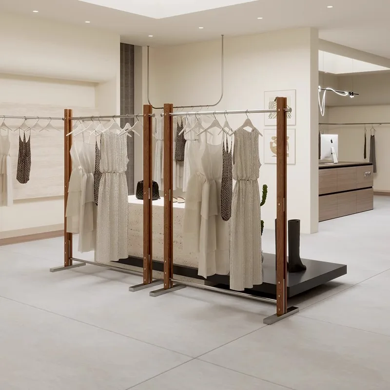 의류 매장 진열대, 월넛 중세풍 행거, 여성 의류 구매자 매장용 스테인리스 스틸 바닥 원목