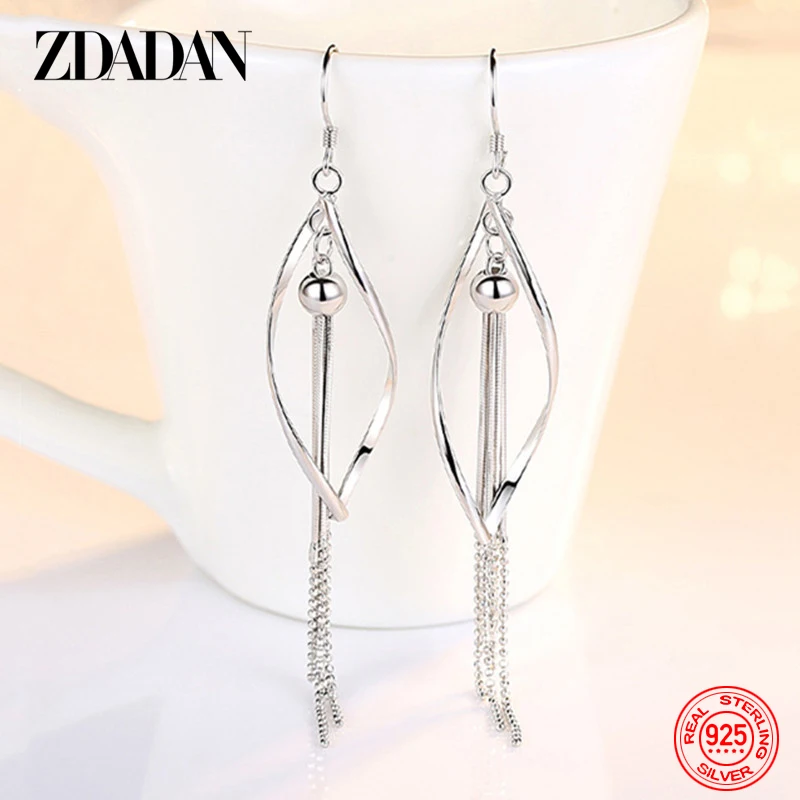 

ZDADAN 925 Sterling Silver Round Bead Tassel Drop Earrings For Women Fashion Jewelry Party Gift