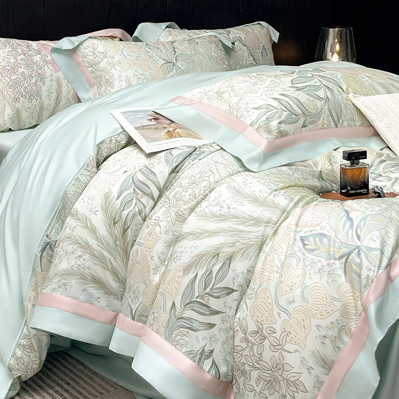 Premium Lyocell Cotton Vibrant Botanical Leaves Duvet Cover Soft Silky Cooling to Skin Bedding set Flat/Fitted Sheet Pillowcases