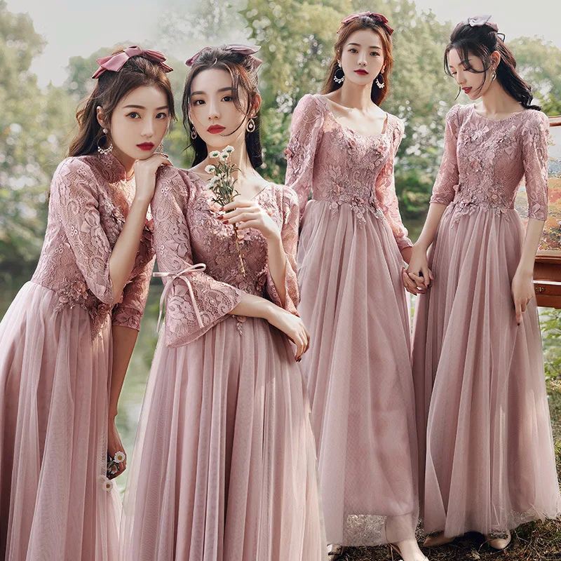 Pink Bridesmaid Dress Floor-length 2023 New Autumn Winter Long Sleeve Sisters Group Dresses Tulle Lace-up Backless Evening Gown