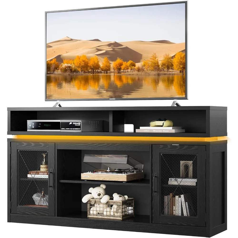 65 Inch TV Farmhouse Style Entertainment Center with Tall Storage Cabinets and LED Media Console