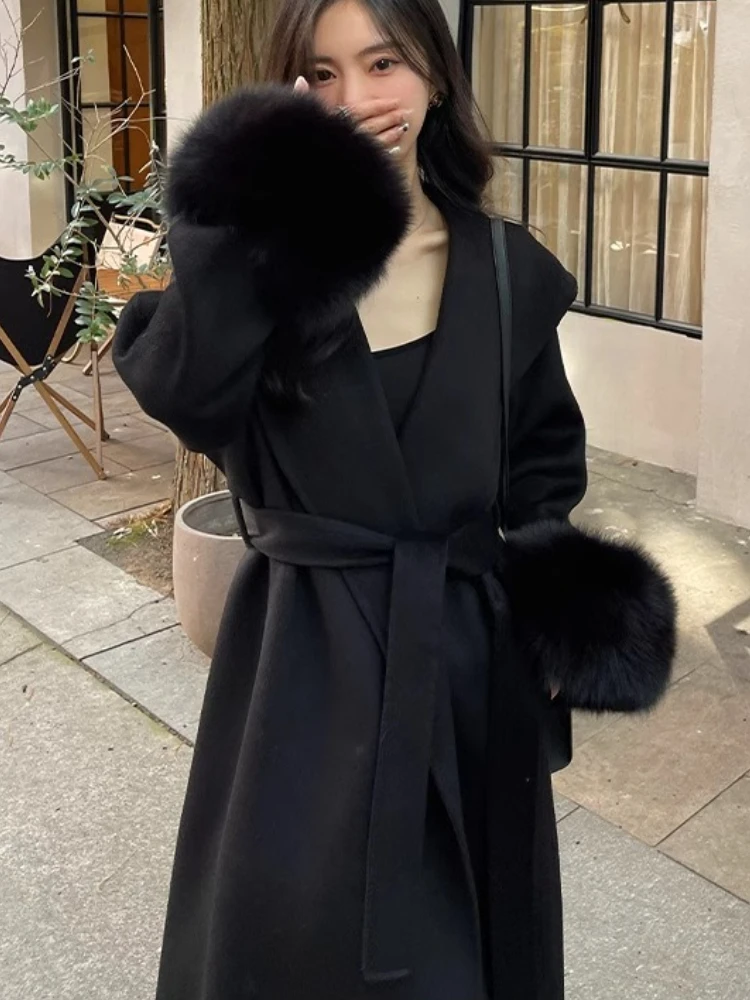 2025 Nuovo Grande Collare Reale Polsino di Pelliccia di Volpe Cappotto di Lana di Cachemire Elegante Giacca di Lana a doppia faccia Femminile Caldo Vestiti Invernali Delle Donne