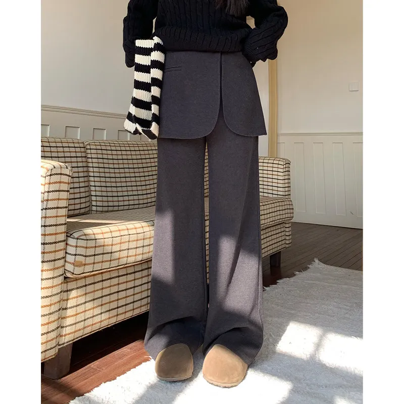 LIEDU Stylish Elegant Casual High Waist Plus Size Full Length Wide Leg Wool Blend Pants Women Fake Peplum Loose Fit Daily Outfit