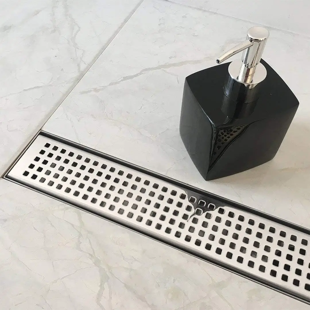 

Polished 304 Stainless Steel Linear Shower Drain Chrome Rectangular Floor Drain Quadrato Grate Leveling Feet Modern Hair