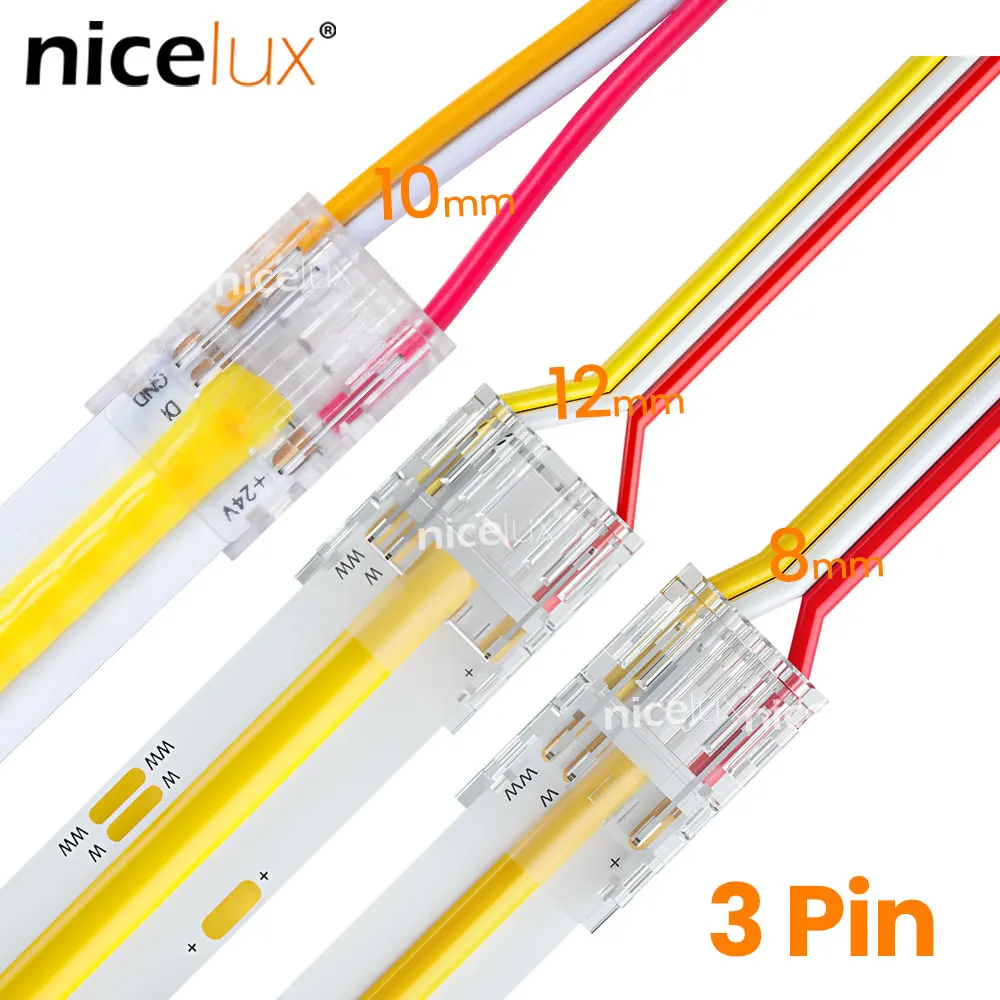 COB Strip To Wire LED Connectors 12 8 10mm Connection Solderless For CCT FCOB LED Strip Lights 3 Pin Connector With Wire 15cm