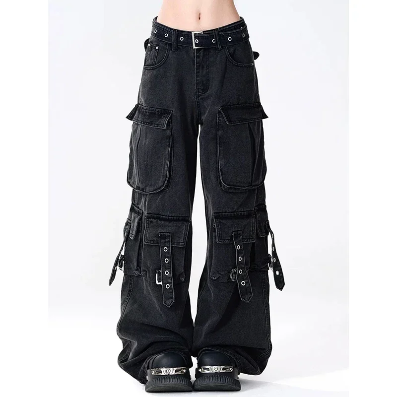 Women Y2k American Retro Mutil Pockets Cargo Jeans Vintage Gyaru Female Denim Trousers 2000s Aesthetic Grunge Pants Pantalones