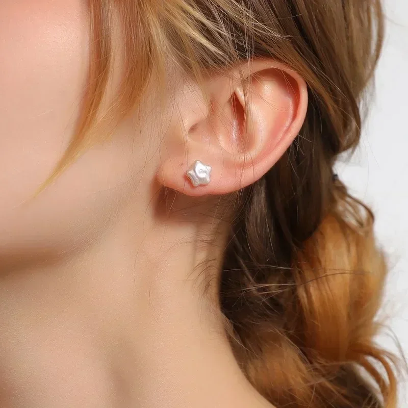 HENGSHENG 9-10mm Natural Freshwater Pearl Stud Earrings Baroque Star 925 Sterling Silver Earrings for Women Jewelry Gift