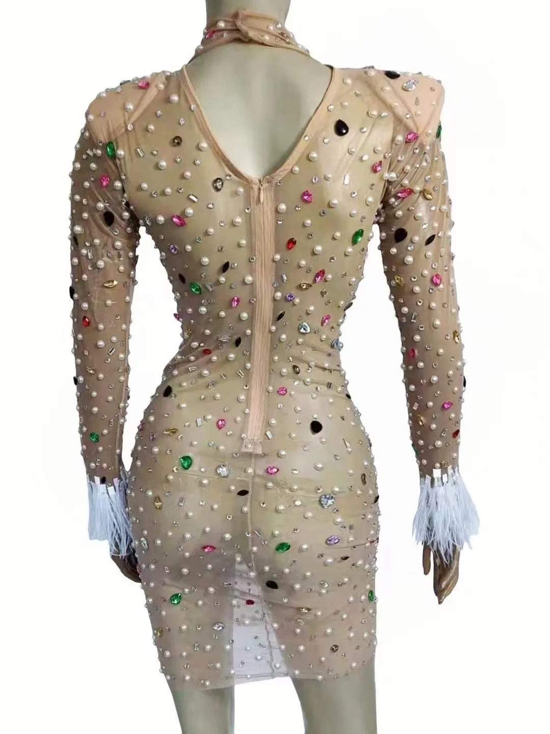 Vestido de plumas con diamantes de imitación y espalda descubierta para mujer, traje de cristal brillante para fiesta, baile de graduación, escenario, club nocturno