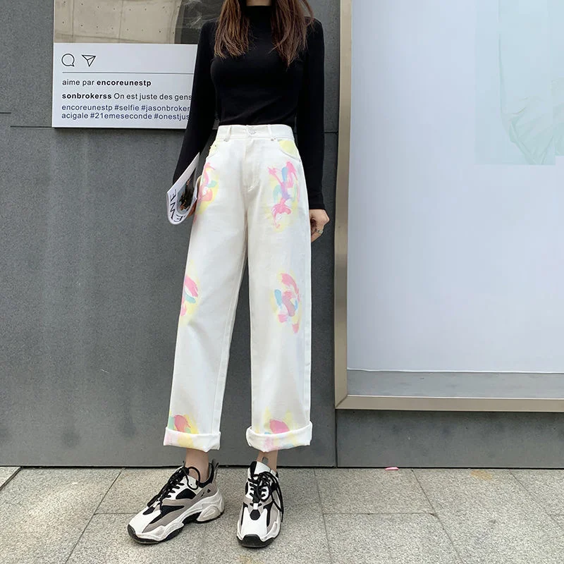 Tie Dye Wide Leg Jeans Women Korean Style Trousers Vintage High Waist Baggy Chic Ulzzang Street Casual All-match Denim Pants