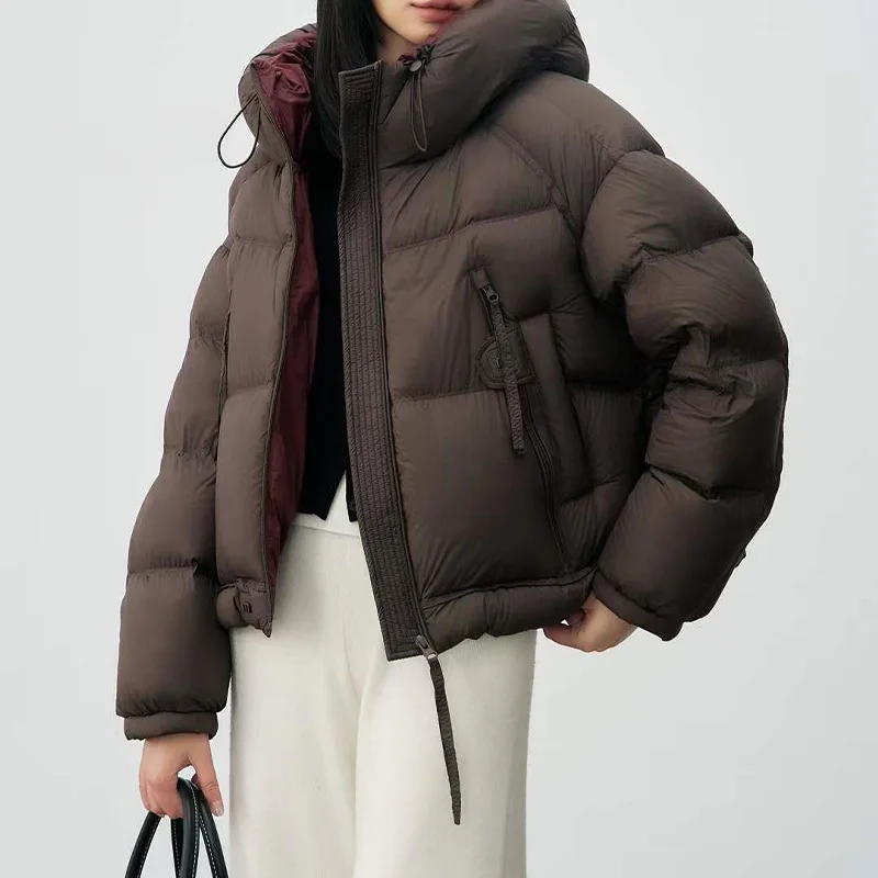 高品質レディースショートダウンジャケット無地90ダックダウンウエストルーズフード付きダウンコート女性用秋冬新作2025