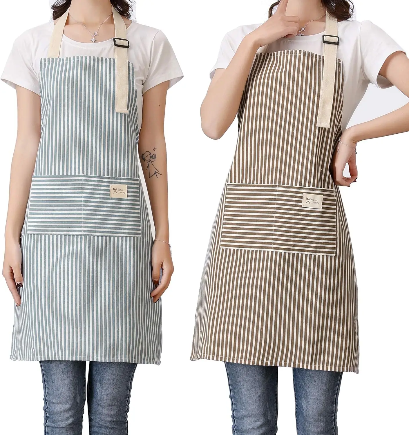 

Aprons 2 Pack Adjustable Bib Aprons with 2 Pockets Cotton Linen Cooking Kitchen Chef Apron for Women and Men
