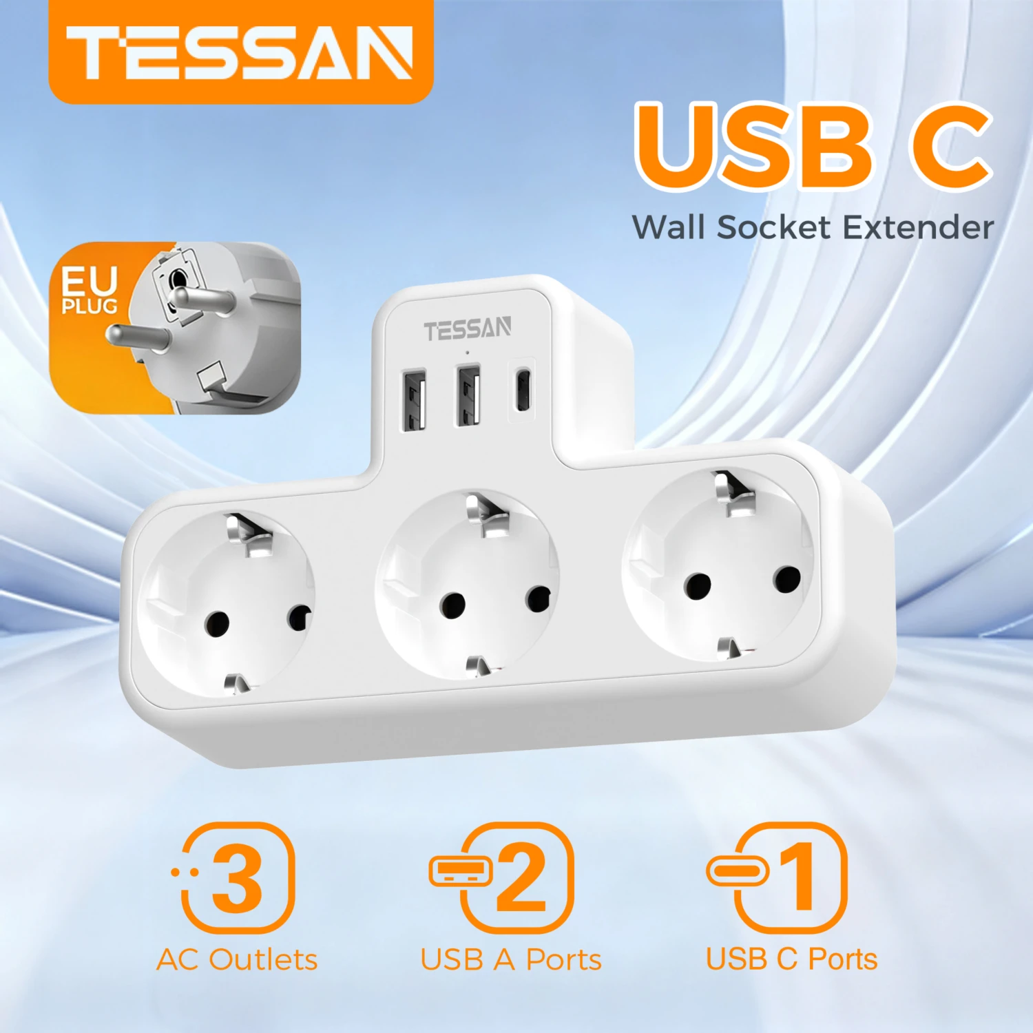 

TESSAN USB C Wall Socket Extender 3600W Wall Plug Adapter with 3 AC 2 USB A 1 Type C for Home Multiprise Ladron Enchufe Europeo