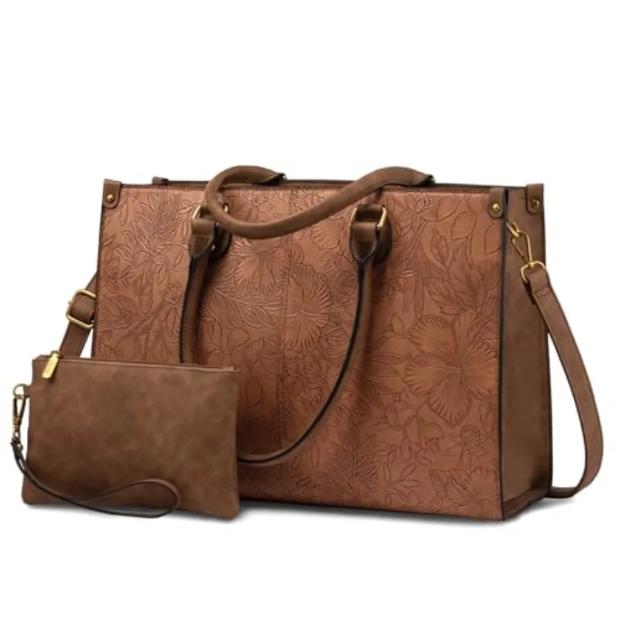 

Laptop Tote Bag for Women 15.6 Inch Large Capacity Vintage Leather Work Computer Bag Business Casual Shoulder Handbag Brown Emb