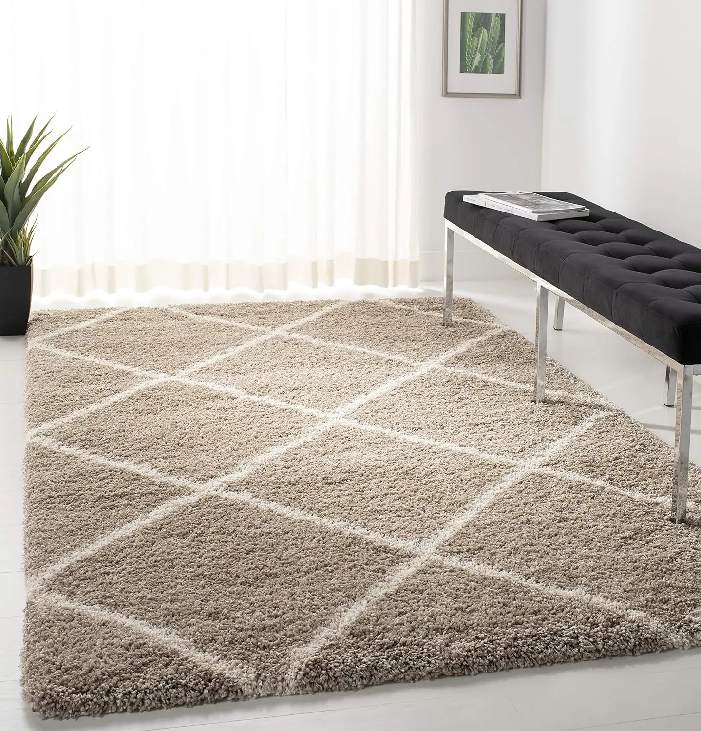 

Hudson Shag Collection Area Rug - 8' x 10', Beige & Ivory, Modern Trellis Design, Non-Shedding & Easy Care