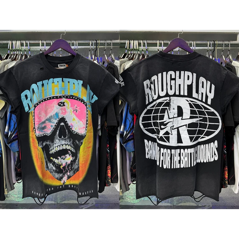 Hot New Rough Play Men's T-Shirt Gradient Washed Aging Skeleton Diamond Print Loose Short Sleeve Top