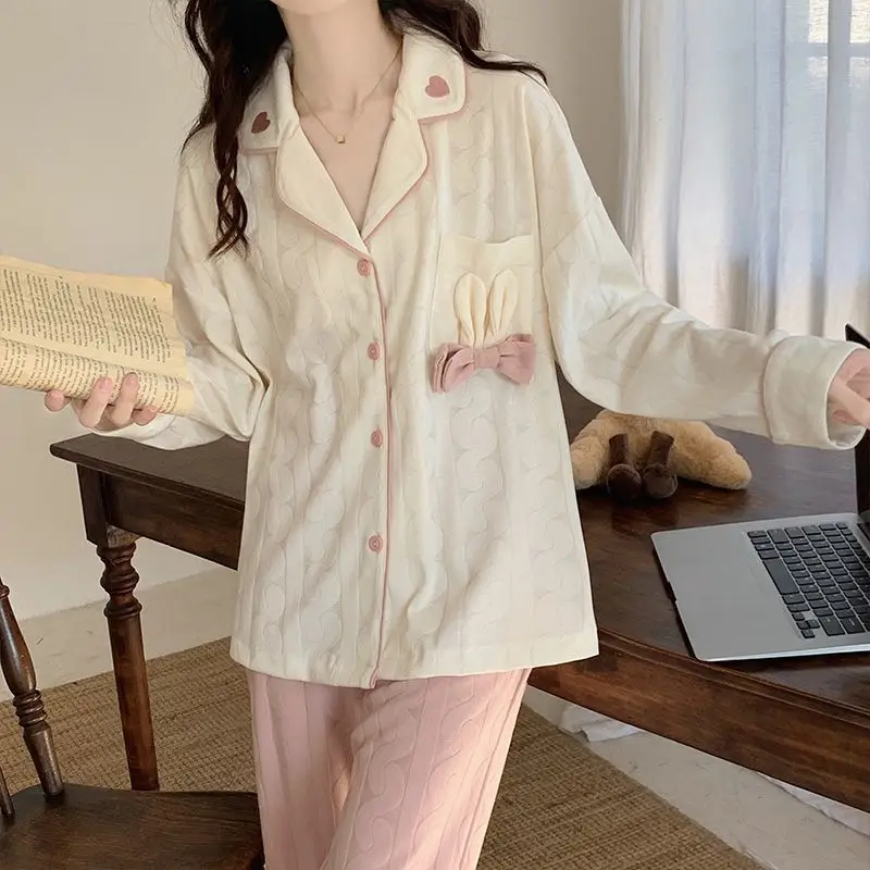 Pajamas Girl Sweet and Cute Pyjamas Women Long-sleeved Sleepwear Pijamas De Mujer Trousers Set Loungewear Can Be Worn Outside