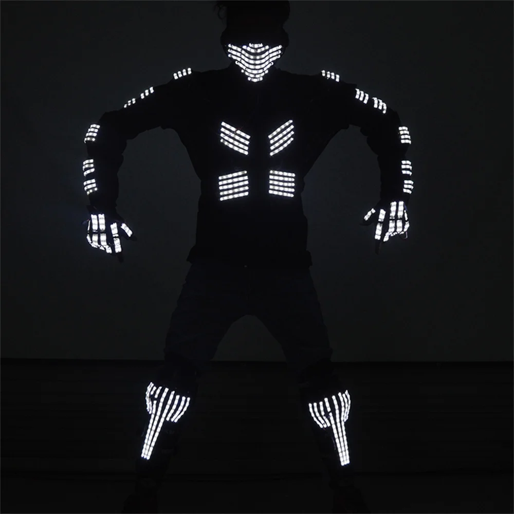 

Cool White Color Led Armor Robot Costumes DJ Bar Laserman Gloves Stage Dance Show Glowing Kneepads Mask Lighting Up Facemask