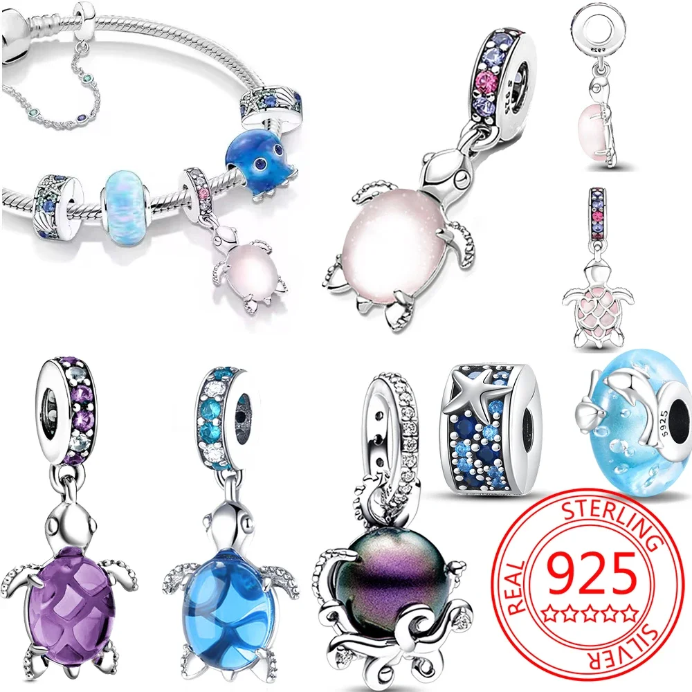 

925 Sterling Silver Blue Sea Turtle Jellyfish Charm Beads Fit Pandora Bracelet Original Charm Fashion Women DIY Jewelry Making