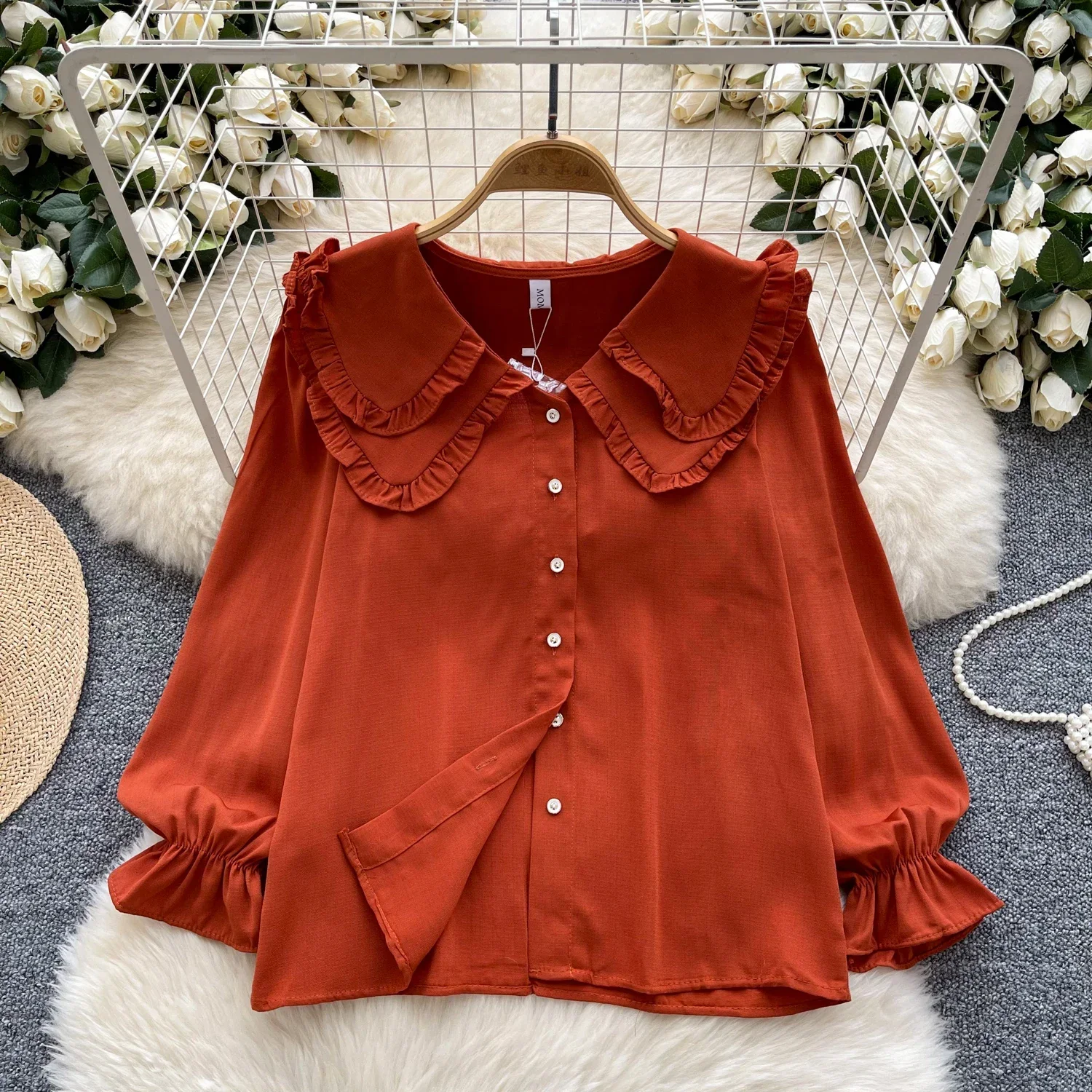 Chic Casual Peter Pan Collar Long Puff Lantern Sleeve Lace-up Blouse Slim Sexy Sweet Shirt Women Basics Luxury Fashion Y2k