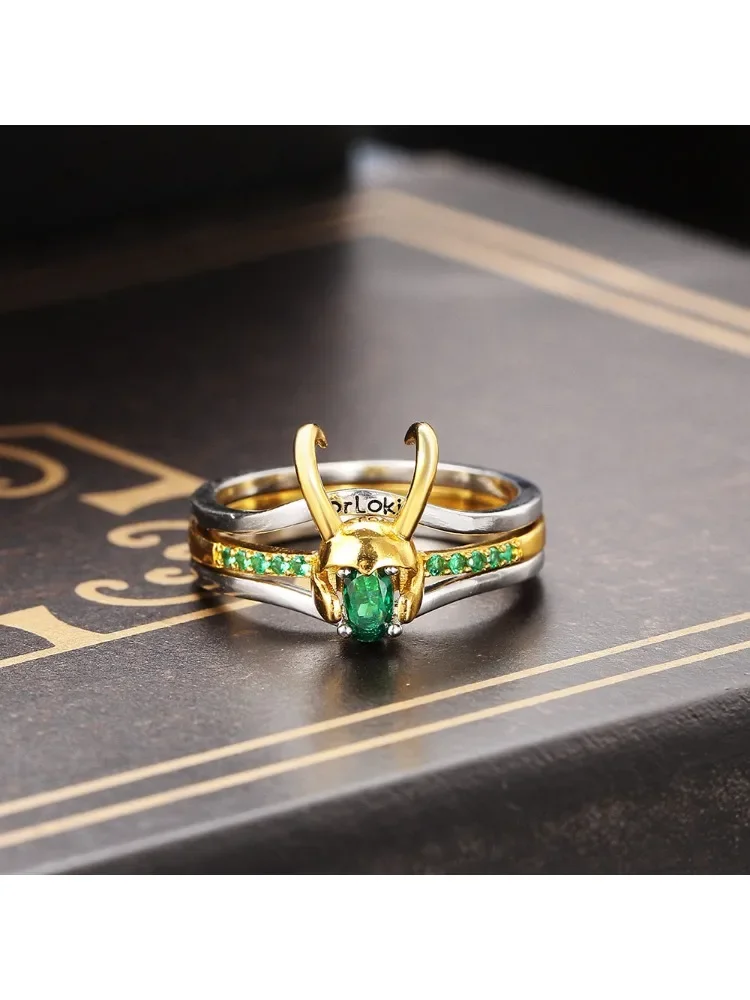 Loki Ring Sets for Women Green Crystal Matching Crown Helmet Rings Stacking Superhero Thor Jewelry Unisex Cosplay Accessories 03