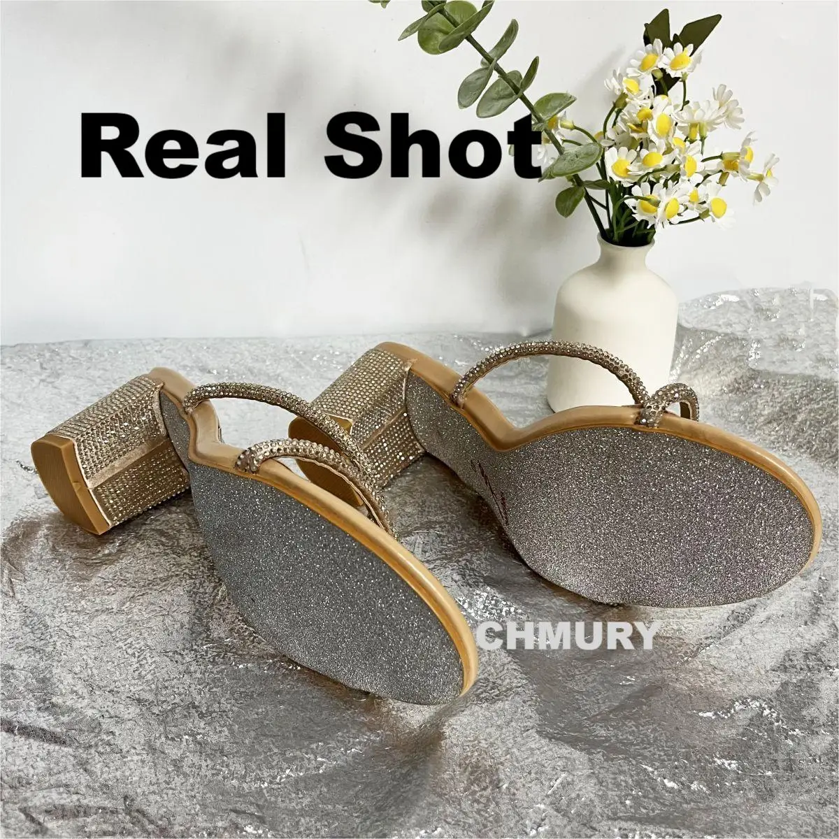 CHMURY Crystal Shoes Woman Heeled Sandals Round Toe Block Heel Luxury Party 2024 Women S Shoes Gold Kitten Mules Slippers