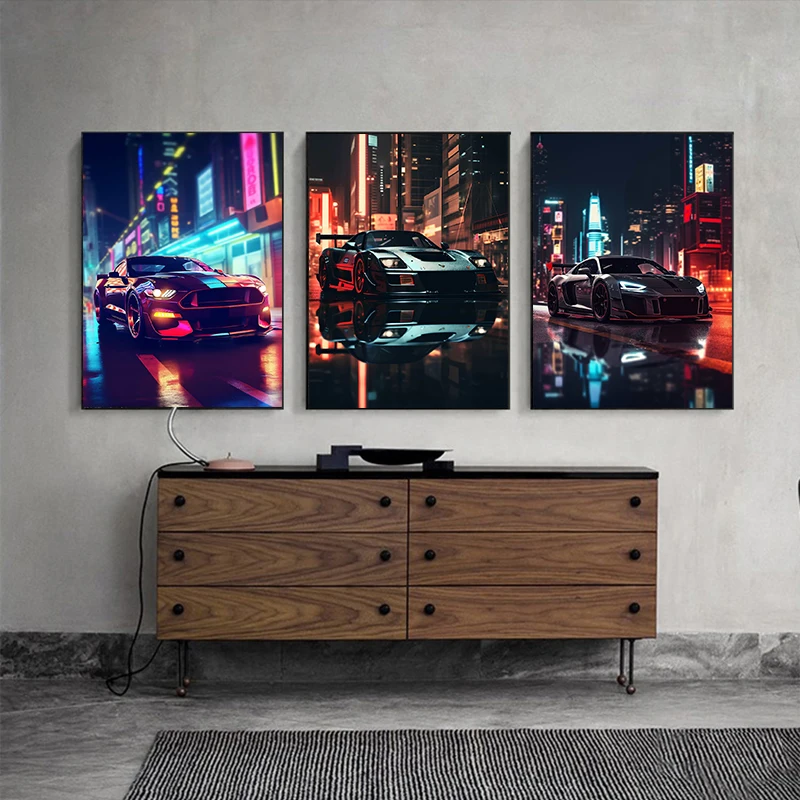 Luxury Cars Auto Show Cool Under The Neon Lights Series Poster Canvas Painting Wall Art Pictures Modern Decor Frameless Painting