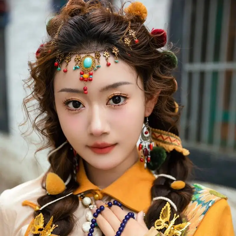 Golden Flower Maang Tikka Headband Kazakh Ethnic Women Hair Jewelry Beads Tassel Chains Head Pieces