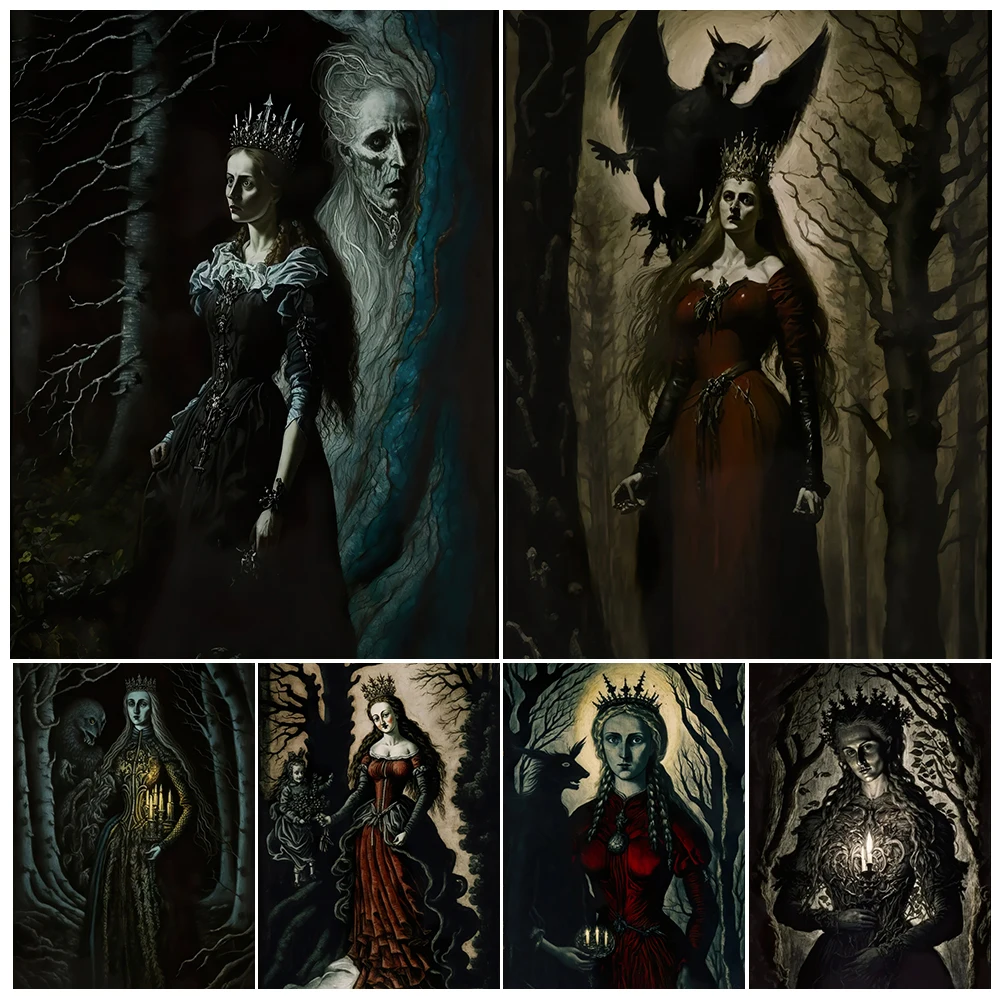 

The Dark Queen And Elf Witch In The Forest Vintage Wall Art Canvas Painting Gothic Victoria Black Magic Witch Art Poster Print