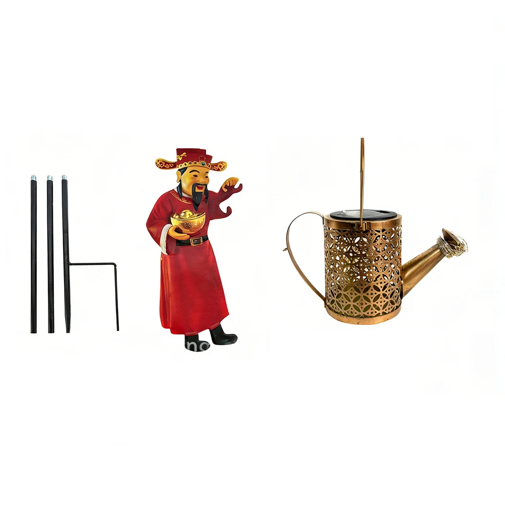 Red Metal Solar Powered Watering Can Lantern Stake Light With Chinese Lucky Motif For Outdoor Garden Yard Decoration