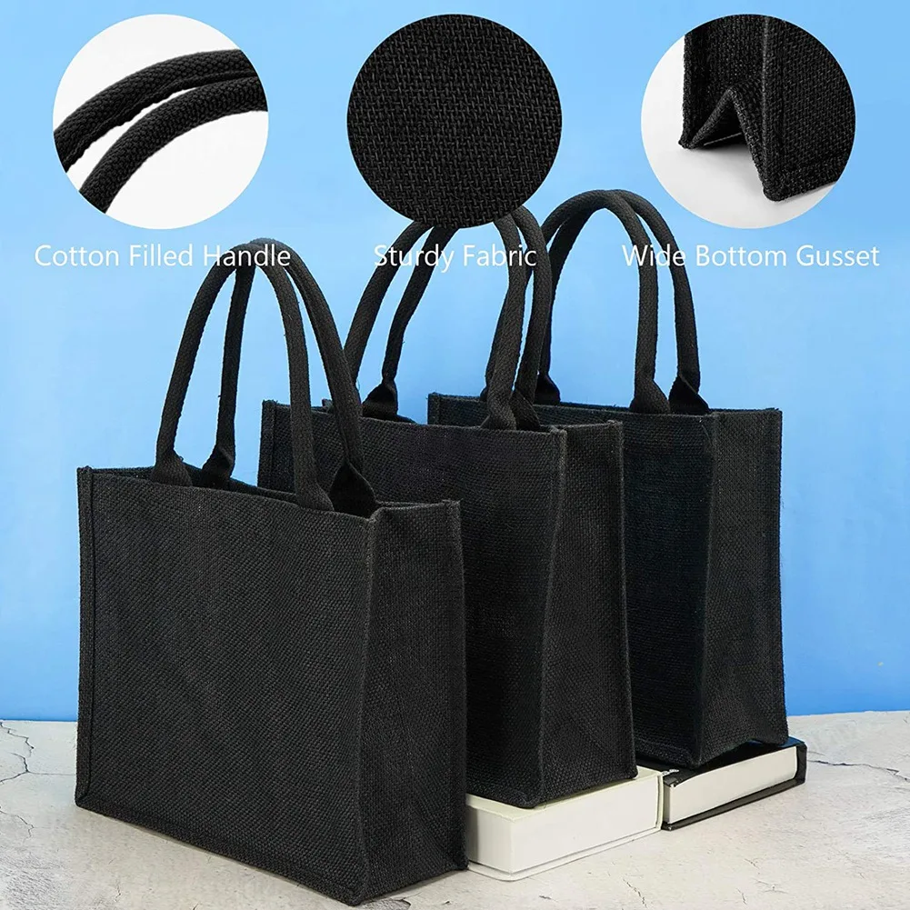 6PCS Black Burlap Tote, Jute Tote Bags with Handles & Laminated Interior, Wedding Bridesmaid Gift Bags, Blank Bags