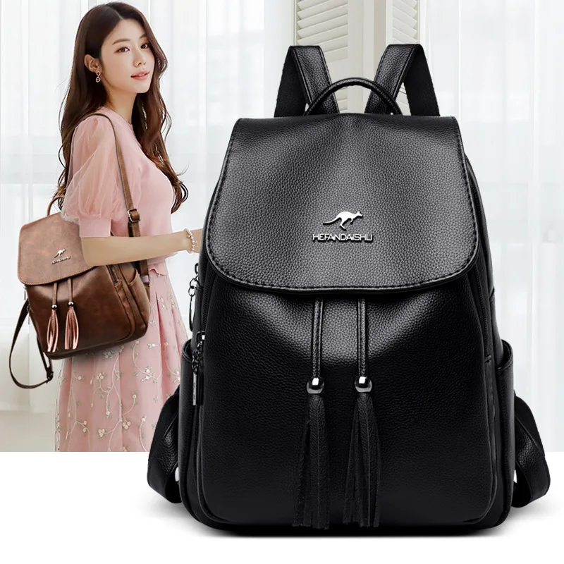 Fashion Leisure Women's Simple Stylish Backpack Travel Soft PU Leather Handbag Capacity Foldable Shoulder Bags for Women Girls