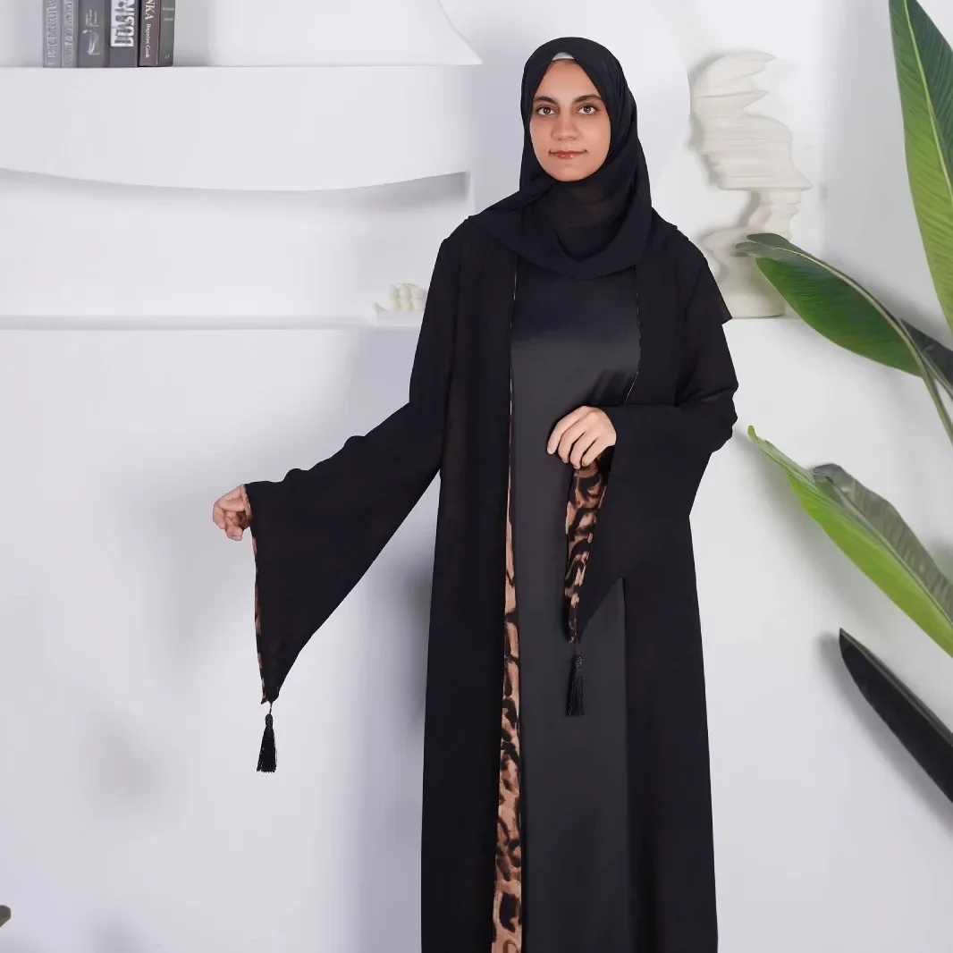 عبايات للنساء فساتين بطبعة الفهد شرابة قفطان رمضان المغرب دبي فساتين مزدوجة الجوانب عيد مسلم رداء جلابية طويل