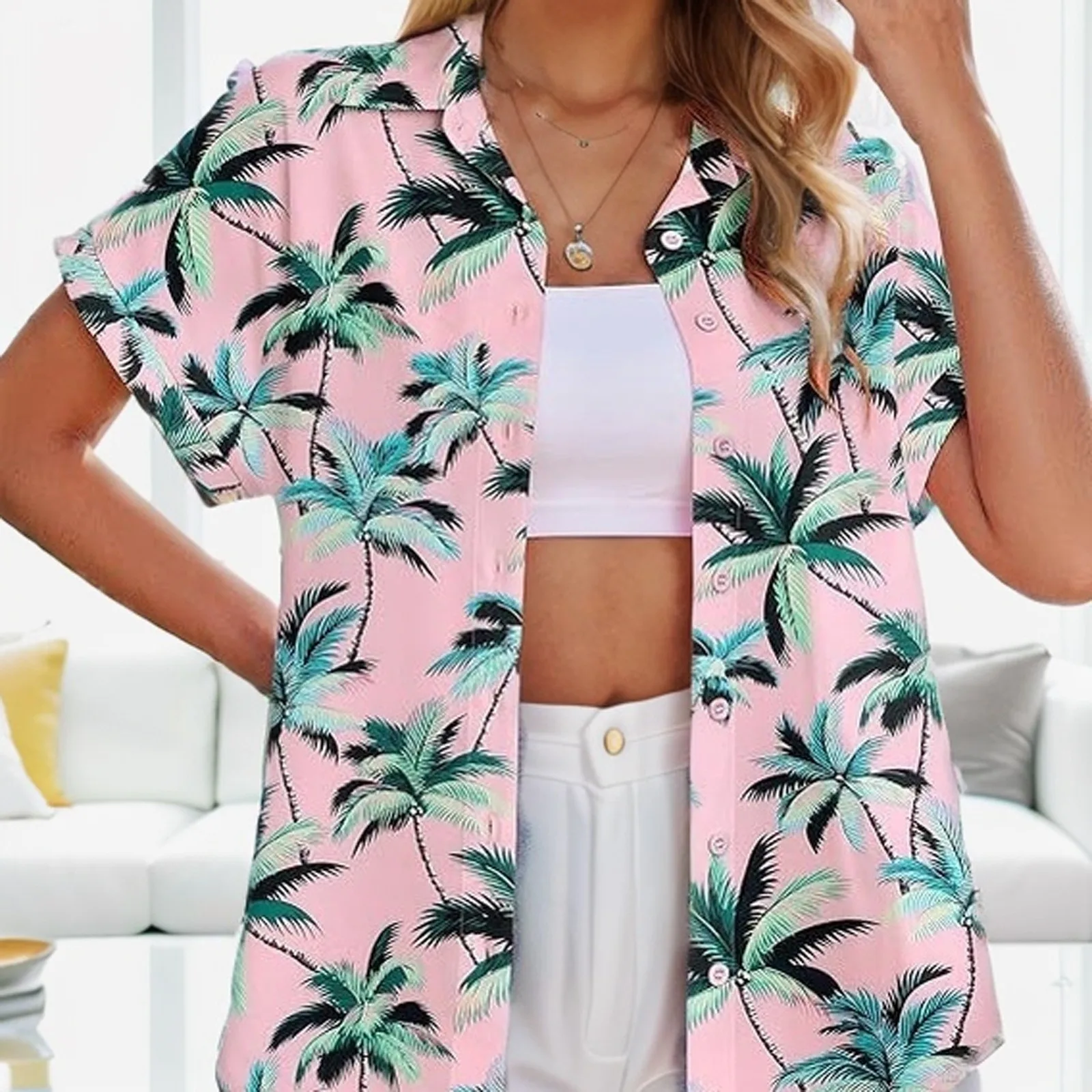 Camisas de playa con estampado Floral de plantas tropicales hawaianas para mujer, camisa de manga corta con botones, blusa de gran tamaño para vacaciones, ropa para mujer