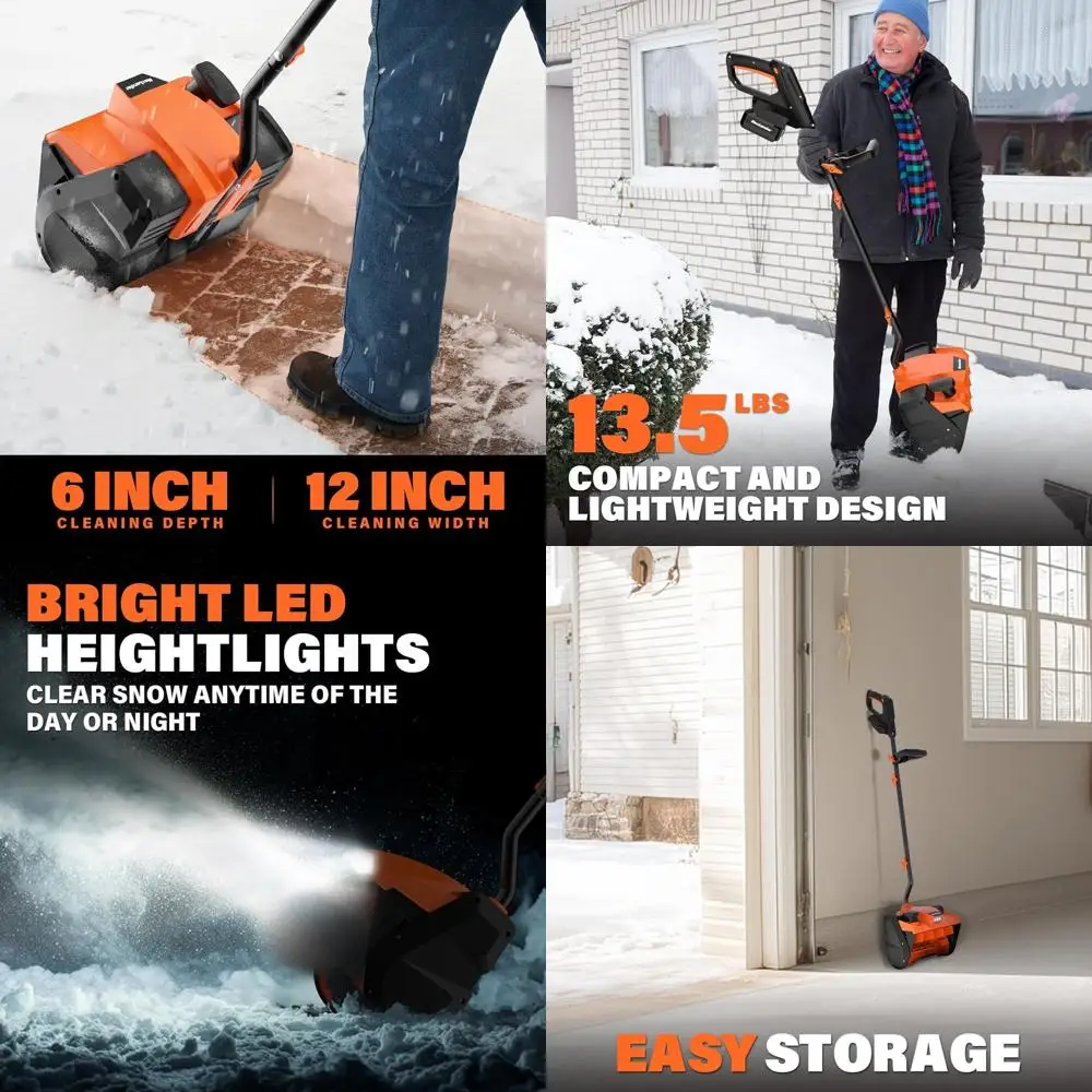 

Cordless Electric Snow Shovel, 20V 12-Inch, 4.0Ah Battery, Quick Charger, Cover, Directional Plate, LED Lights Included