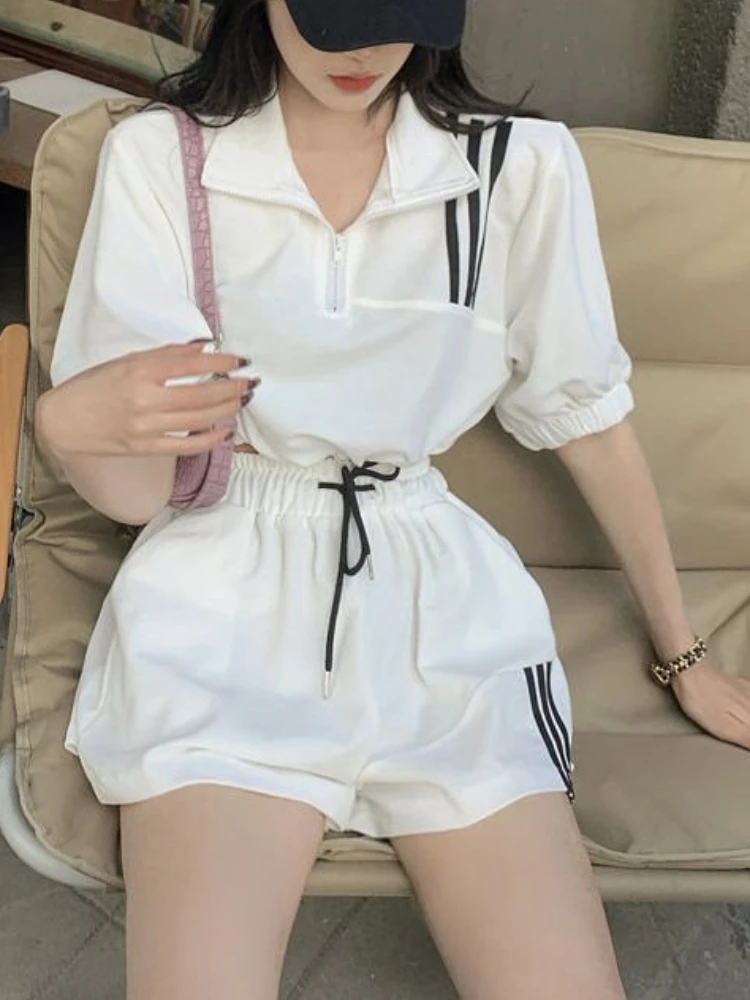 Korean Shorts Sports Suit Women Leisure Jacket Drawstring Wide-Leg Pant Girl Splice Color Two-Piece New in Summer Fashion Trend