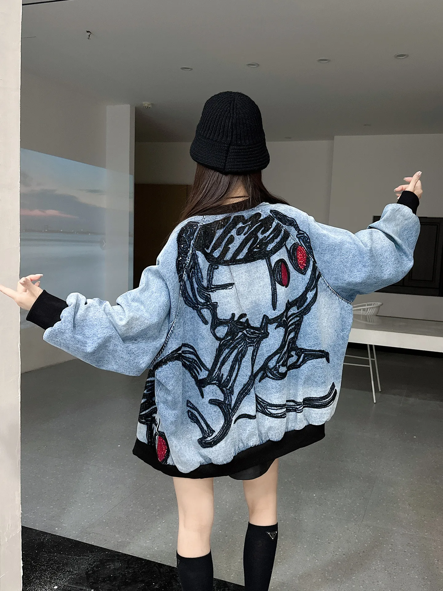 

Heavy Embroidery Hip Hop Sle Oversized American Baseball Jaet Casual Loose Fit Cotton Denim Top Quali Youth ex
