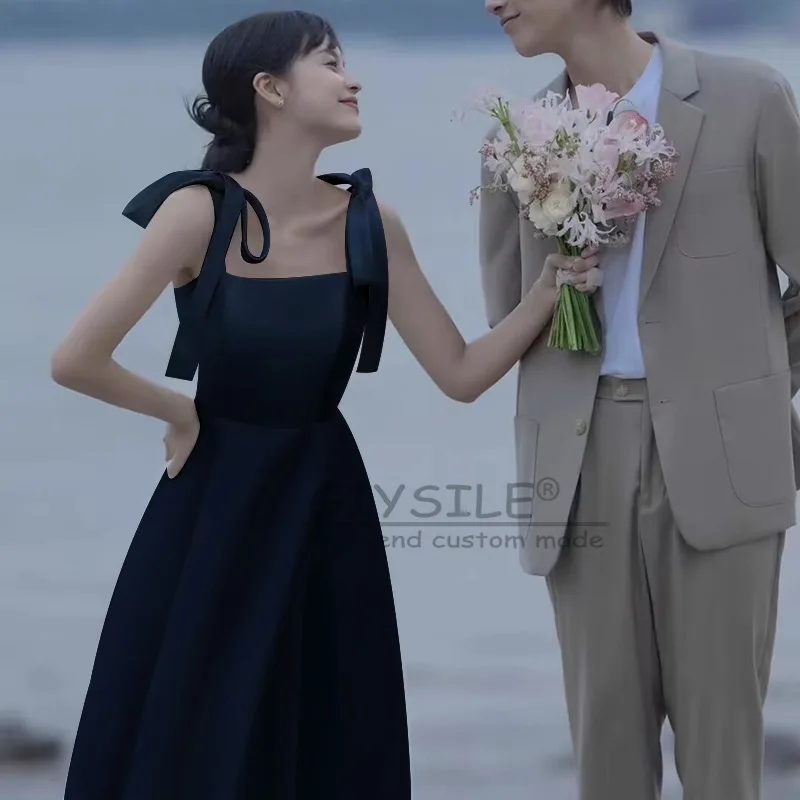 ชุดแต่งงานสีขาวแบบสั่งตัด GIYSILE คอเหลี่ยม แขนกุด แฟชั่น เซ็กซี่ ทรงเอไลน์  ชุดราตรีผ้าซาตินแบบสายเดี่ยว  สง่างาม